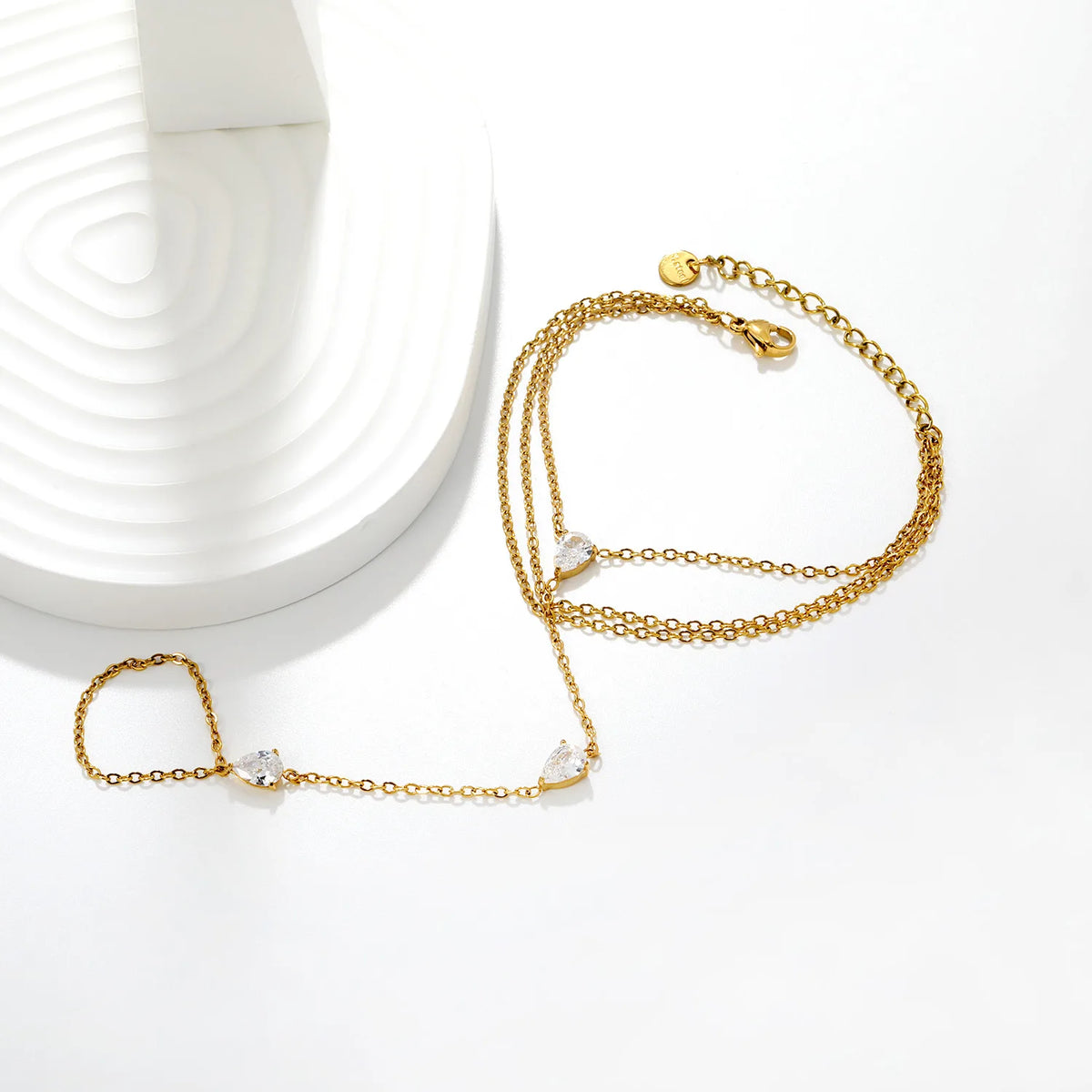 Glam Triple Layer Pear CZ Hand Chain Bracelet With Attached Ring | 5.7x7.7mm Teardrop Zircon | 17+16+16+5cm Multi Strand