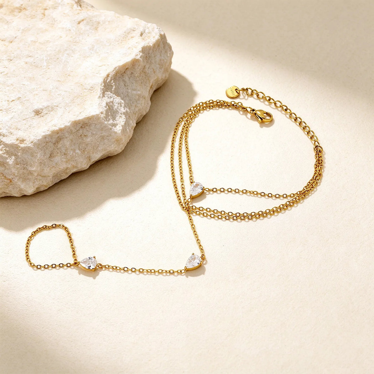 Glam Triple Layer Pear CZ Hand Chain Bracelet With Attached Ring | 5.7x7.7mm Teardrop Zircon | 17+16+16+5cm Multi Strand