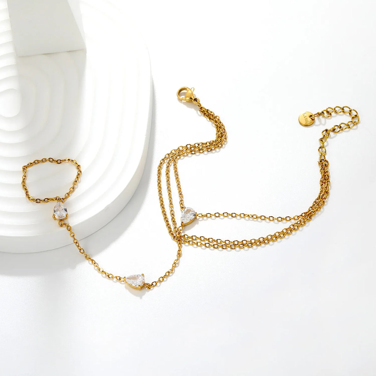 Glam Triple Layer Pear CZ Hand Chain Bracelet With Attached Ring | 5.7x7.7mm Teardrop Zircon | 17+16+16+5cm Multi Strand