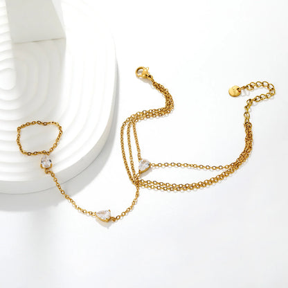 Glam Triple Layer Pear CZ Hand Chain Bracelet With Attached Ring | 5.7x7.7mm Teardrop Zircon | 17+16+16+5cm Multi Strand