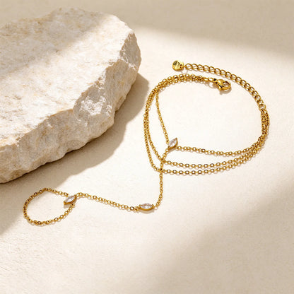 Triple Layer Marquise CZ Hand Chain Bracelet With Attached Ring | 3x7mm Marquise Zircons | 17+16+16+5cm Multi Strand Chain