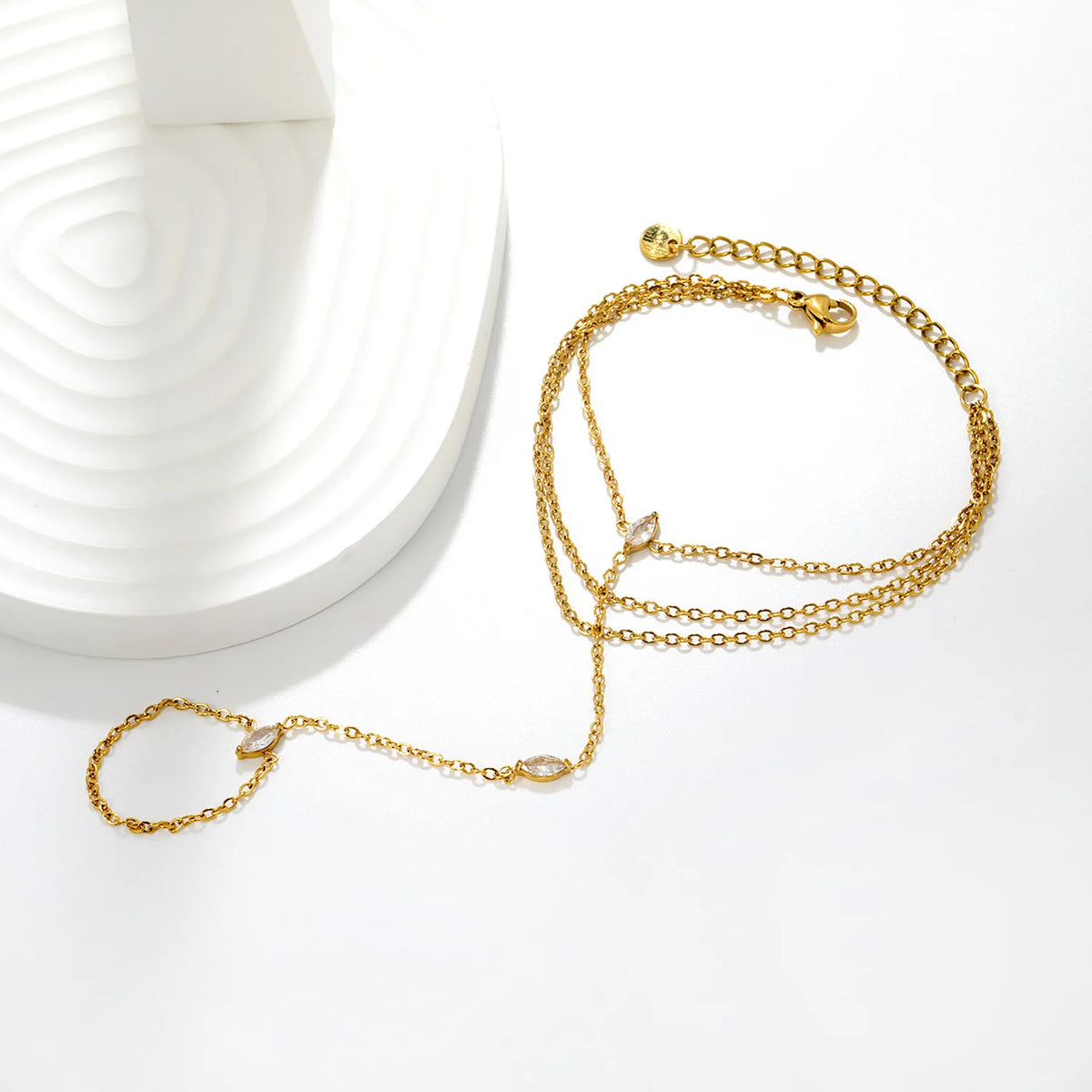 Triple Layer Marquise CZ Hand Chain Bracelet With Attached Ring | 3x7mm Marquise Zircons | 17+16+16+5cm Multi Strand Chain