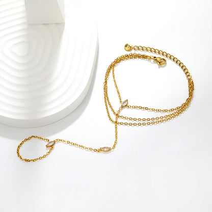 Triple Layer Marquise CZ Hand Chain Bracelet With Attached Ring | 3x7mm Marquise Zircons | 17+16+16+5cm Multi Strand Chain