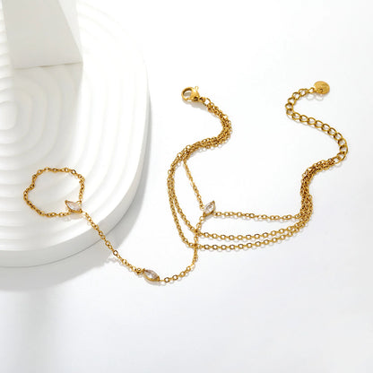 Triple Layer Marquise CZ Hand Chain Bracelet With Attached Ring | 3x7mm Marquise Zircons | 17+16+16+5cm Multi Strand Chain