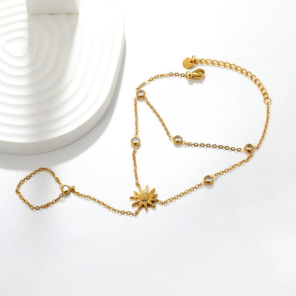 Layered Sun Charm Hand Chain Bracelet With Attached Ring | 14x15mm Textured Sun Pendant | 5mm Bezel CZ Accents | 15+5cm Cable Chain