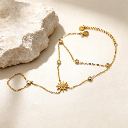 Layered Sun Charm Hand Chain Bracelet With Attached Ring | 14x15mm Textured Sun Pendant | 5mm Bezel CZ Accents | 15+5cm Cable Chain