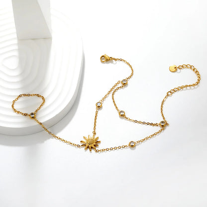Layered Sun Charm Hand Chain Bracelet With Attached Ring | 14x15mm Textured Sun Pendant | 5mm Bezel CZ Accents | 15+5cm Cable Chain