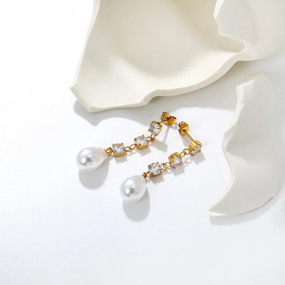 Elegant Square CZ Teardrop Pearl Dangle Earrings 5mm Square Zircon 10x15mm Pearl 18K Gold Plated