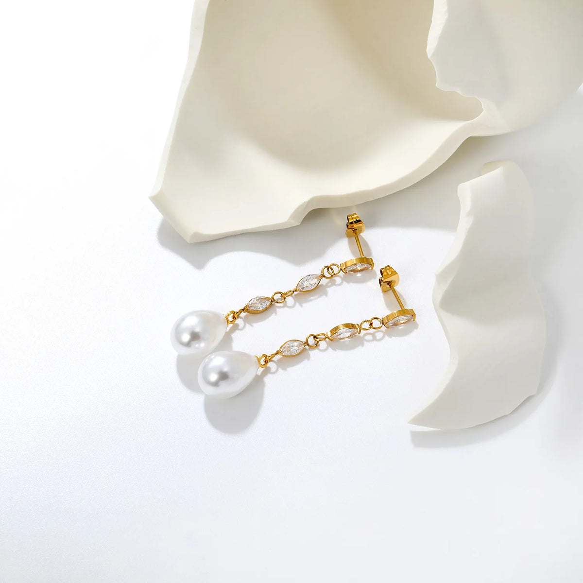 Luxury Linear Marquise Zircon Drop Pearl Earrings Long Chain Wedding Bridal Ear Jewelry