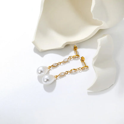 Luxury Linear Marquise Zircon Drop Pearl Earrings Long Chain Wedding Bridal Ear Jewelry