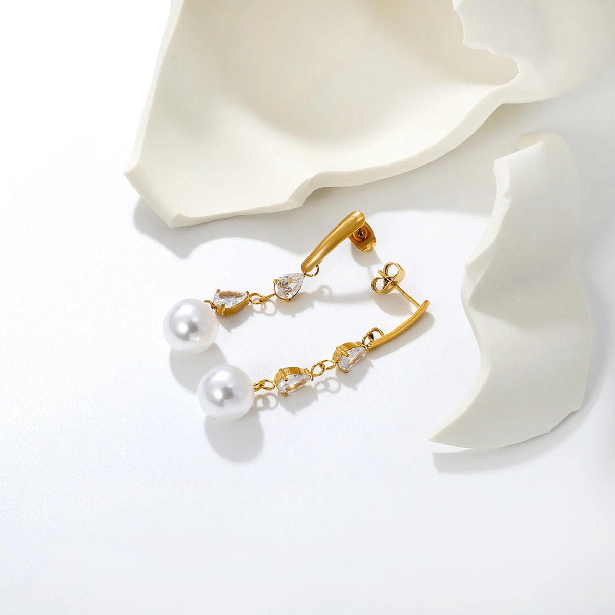Elegant Teardrop Zircon Pearl Drop Earrings 3x15mm Bar 5x6.8mm CZ 10mm Pearl 18K Gold Plated | Wholesale MOQ 12