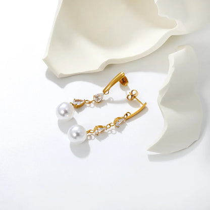 Elegant Teardrop Zircon Pearl Drop Earrings 3x15mm Bar 5x6.8mm CZ 10mm Pearl 18K Gold Plated | Wholesale MOQ 12