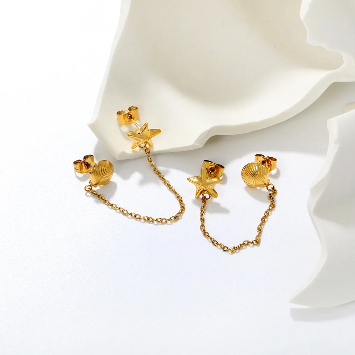 Dainty Starfish Shell Linked Chain Stud Earrings 10mm Starfish 8.8x8.5mm Seashell 6cm Connecting Chain
