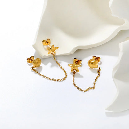 Dainty Starfish Shell Linked Chain Stud Earrings 10mm Starfish 8.8x8.5mm Seashell 6cm Connecting Chain