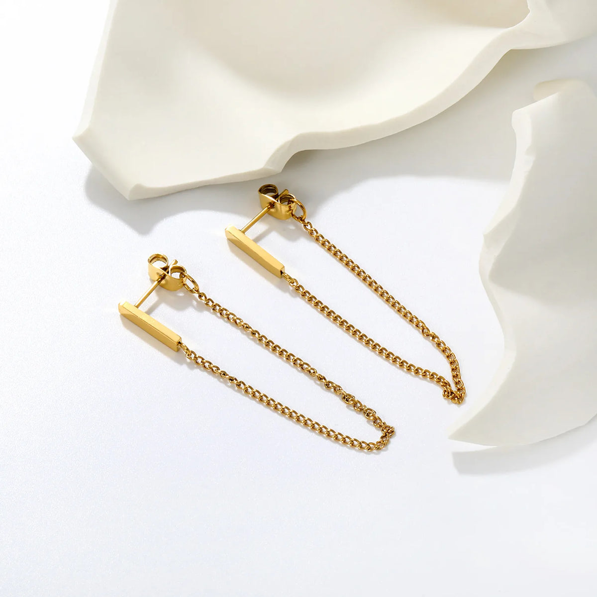 Minimalist Vertical Bar Double Tassel Chain Drop Earrings 2.8x12mm Rectangle Bar 8cm Long Chain 18K Gold Plated Jewelry