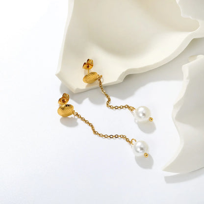Beach Inspired Seashell Pearl Dangle Earrings Long Chain 18K Gold Plated Summer Ear Jewelry | Wholesale MOQ 12