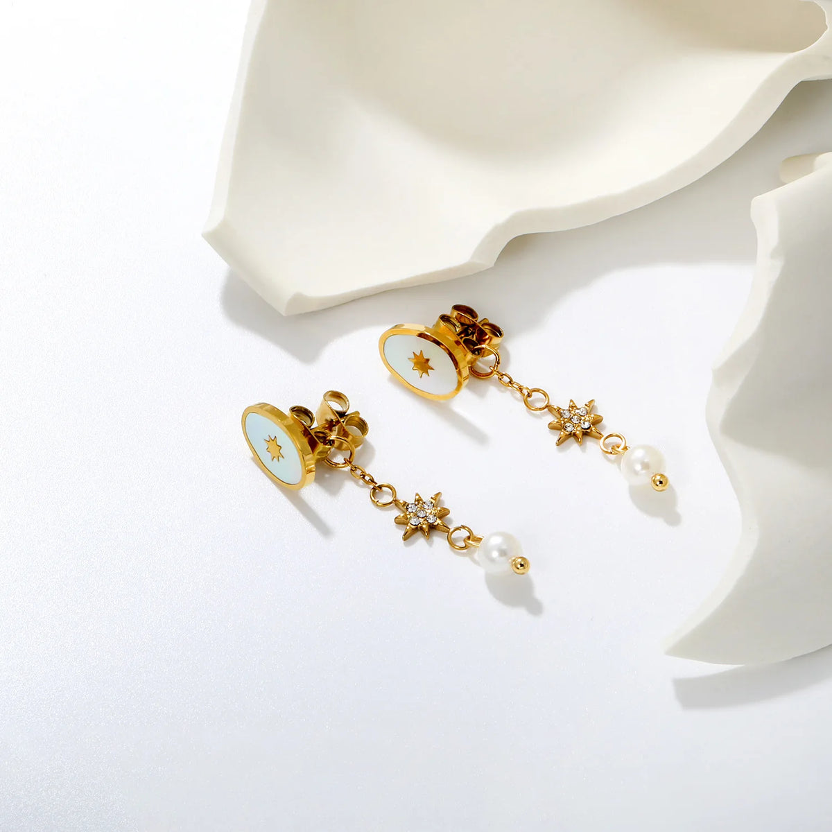 Celestial Eight-Pointed Star Mother Of Pearl Drop Earrings 8.5x12mm Irregular Oval Shell 8mm CZ Star 5mm Pearl 18K Gold Plated