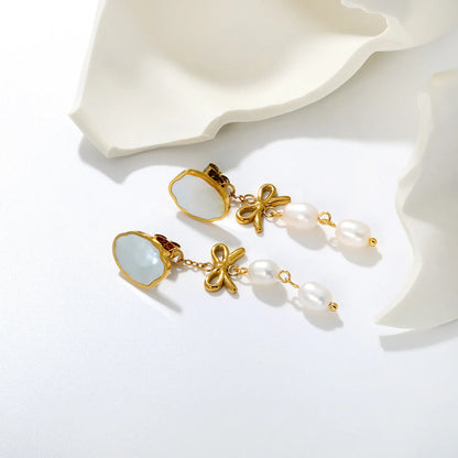 Vintage Sweet Bow Rice Pearl Dangle Earrings Natural Shell Inlay Long Statement Earrings | 18K Gold Plated Jewelry