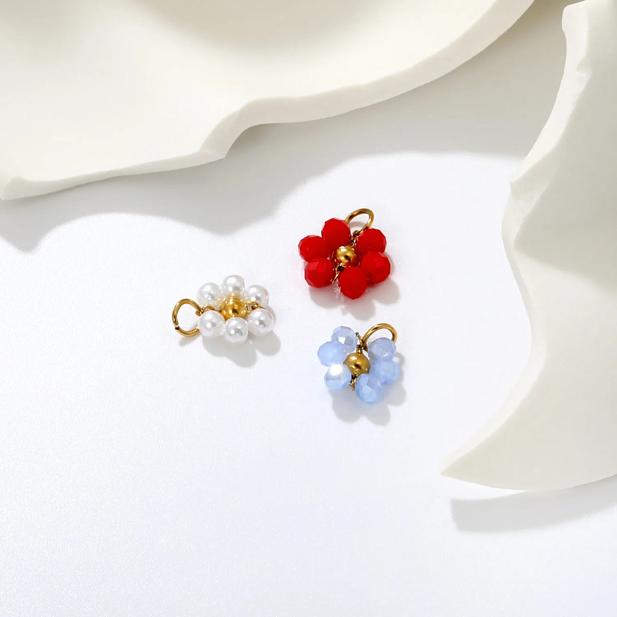 ini Beaded Flower Pendant Accessory | 9mm Gold Plated Cluster Charm | 1x6mm Jump Ring | Pearl / Blue / Red Available