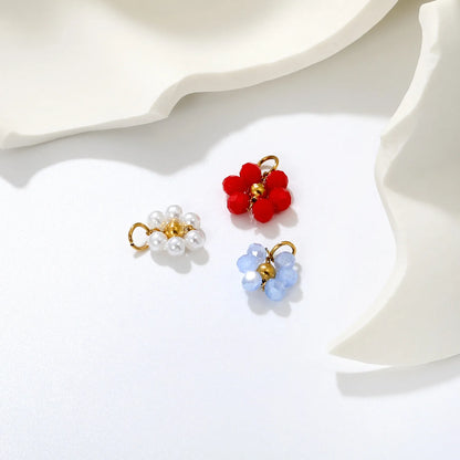 ini Beaded Flower Pendant Accessory | 9mm Gold Plated Cluster Charm | 1x6mm Jump Ring | Pearl / Blue / Red Available