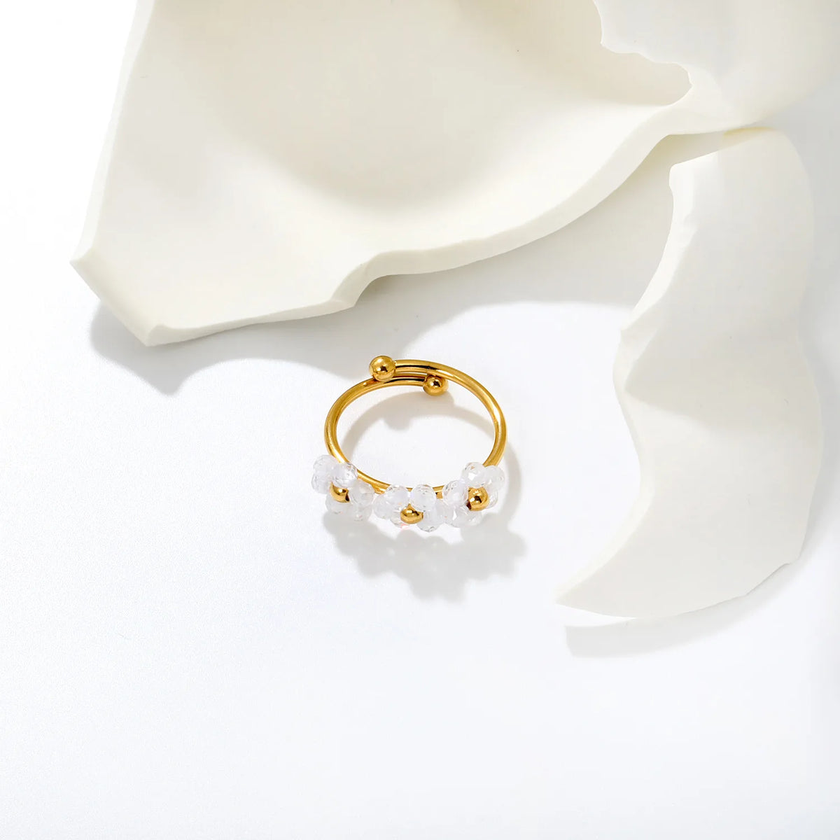 Flower Beaded Open Ring | 9mm Faceted Crystal Cluster Adjustable Ring | 18K Gold Plated | White & Pink Available