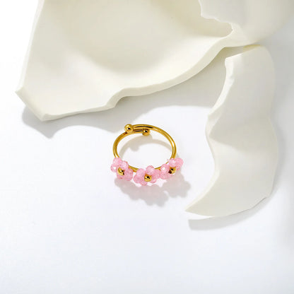Flower Beaded Open Ring | 9mm Faceted Crystal Cluster Adjustable Ring | 18K Gold Plated | White & Pink Available