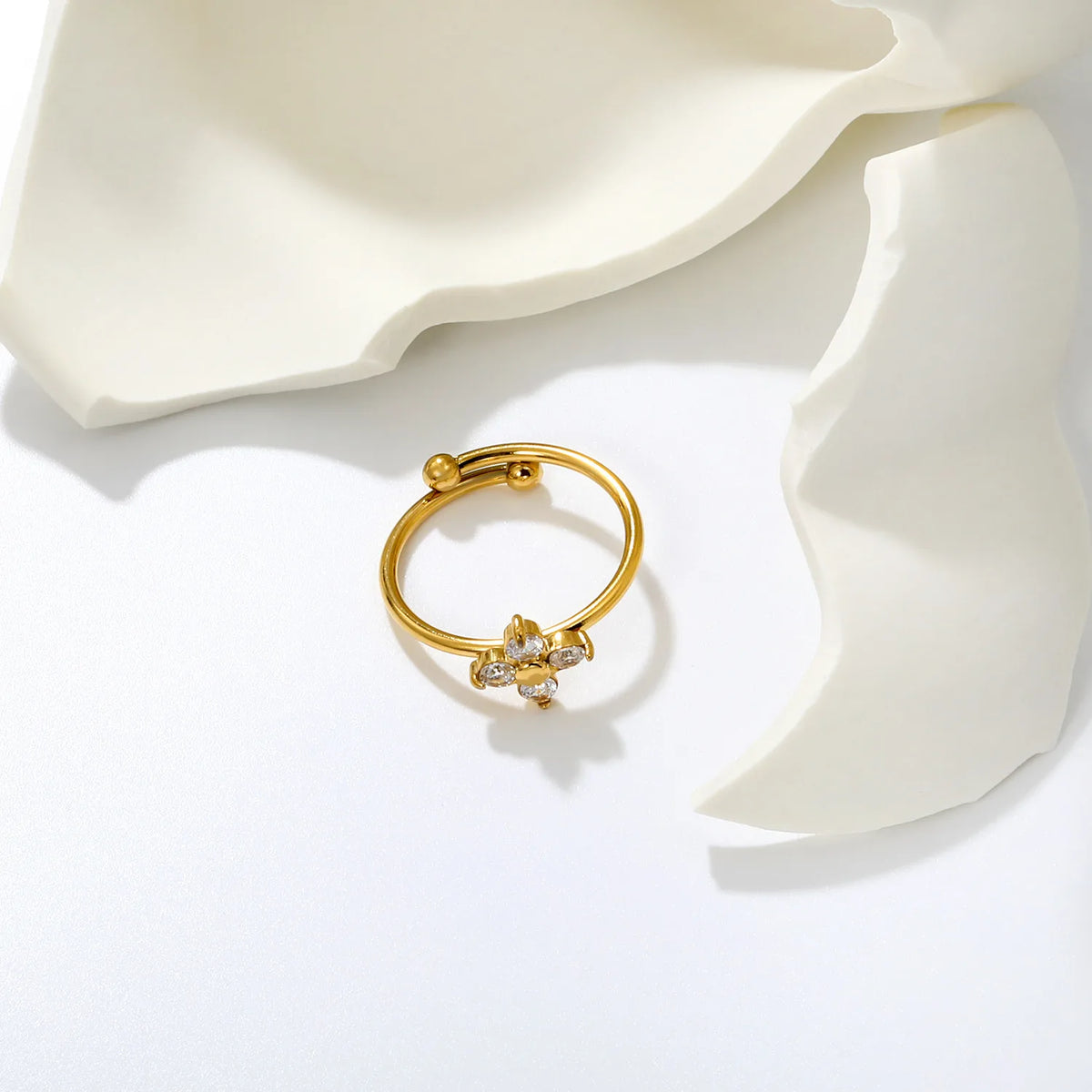 Four Leaf Clover CZ Open Ring | 9.5mm 18K Gold Plated Adjustable Floral Ring | Size 7