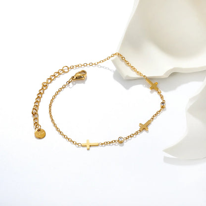 Dainty Cross Zircon Anklet 9x6mm Cross Charm 3mm CZ Stone 18K Gold Plated | Wholesale MOQ 12