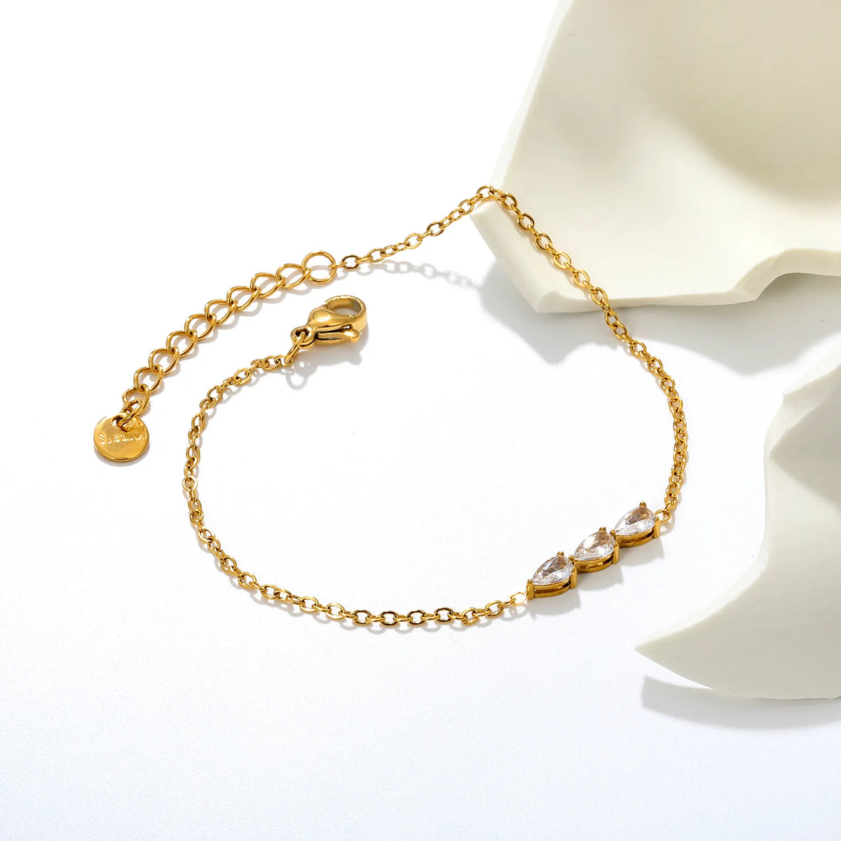 Triple Teardrop CZ Bar Bracelet | 17x3.5mm Pear Zircon Bar | 17+3cm Adjustable Chain | Gold & Silver Tone