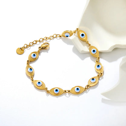 Enamel Evil Eye Station Bracelet | 15x6.5mm Oval Eye Charms | 17+3cm Adjustable Chain