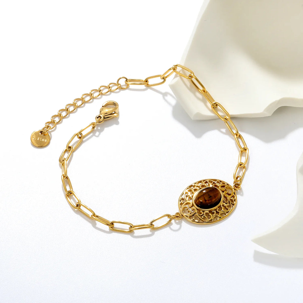 Vintage Filigree Tiger Eye Oval Charm Paperclip Bracelet | 19x15mm Hollow Pendant | 17+3cm Adjustable Chain
