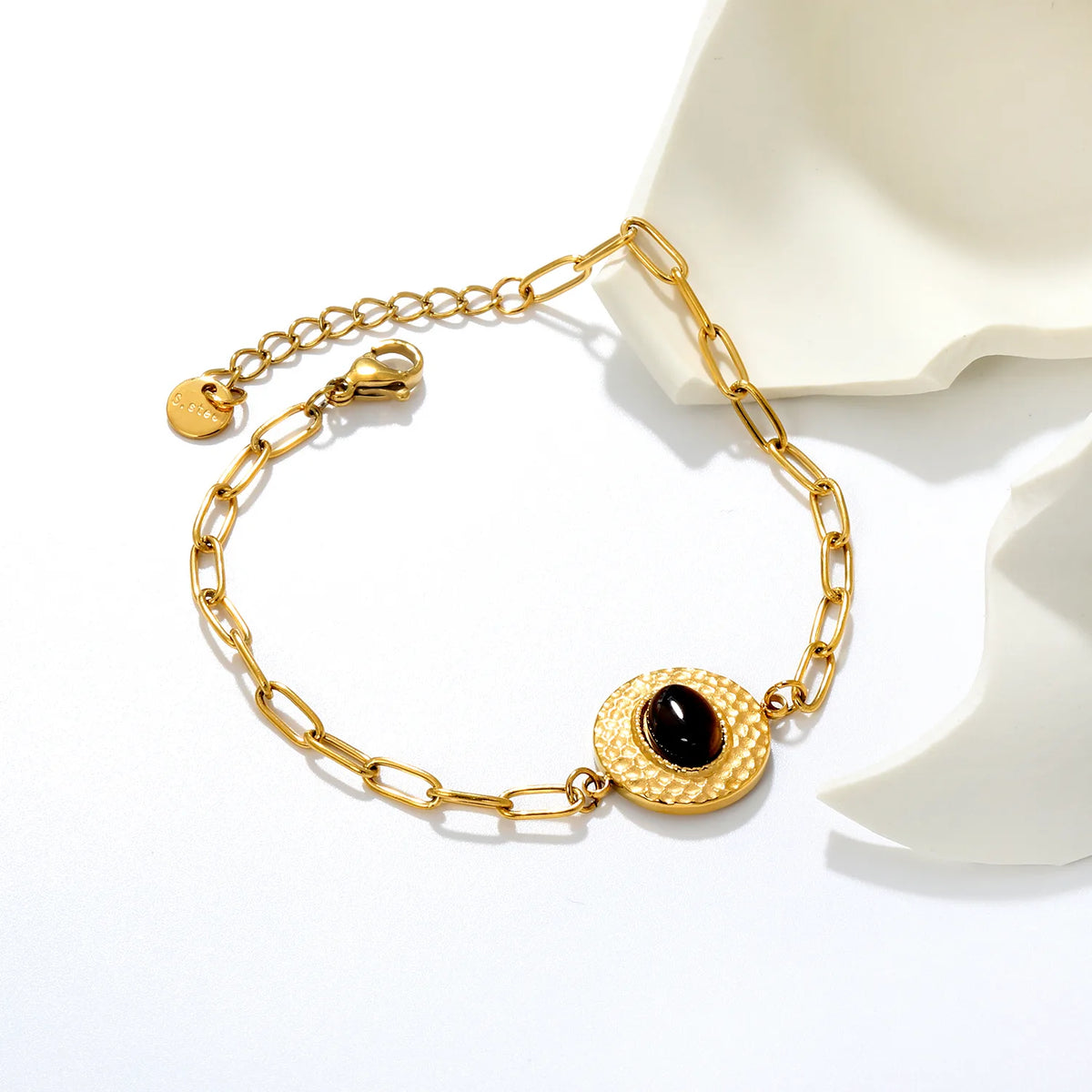 Boho Hammered Round Tiger Eye Paperclip Bracelet | 15.5mm Textured Disc Charm | 17+3cm Adjustable Chain