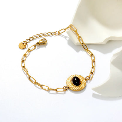 Boho Hammered Round Tiger Eye Paperclip Bracelet | 15.5mm Textured Disc Charm | 17+3cm Adjustable Chain