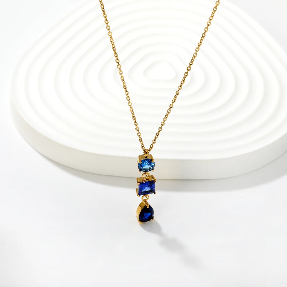 Elegant Tiered Blue Zircon Drop Pendant Y Shape Necklace | 40+5cm Adjustable Chain