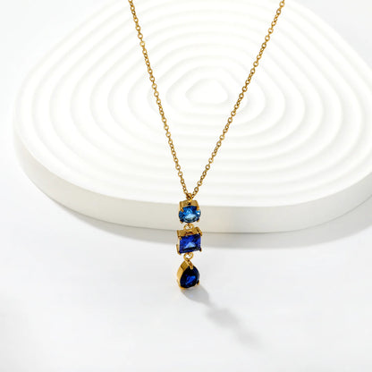 Elegant Tiered Blue Zircon Drop Pendant Y Shape Necklace | 40+5cm Adjustable Chain