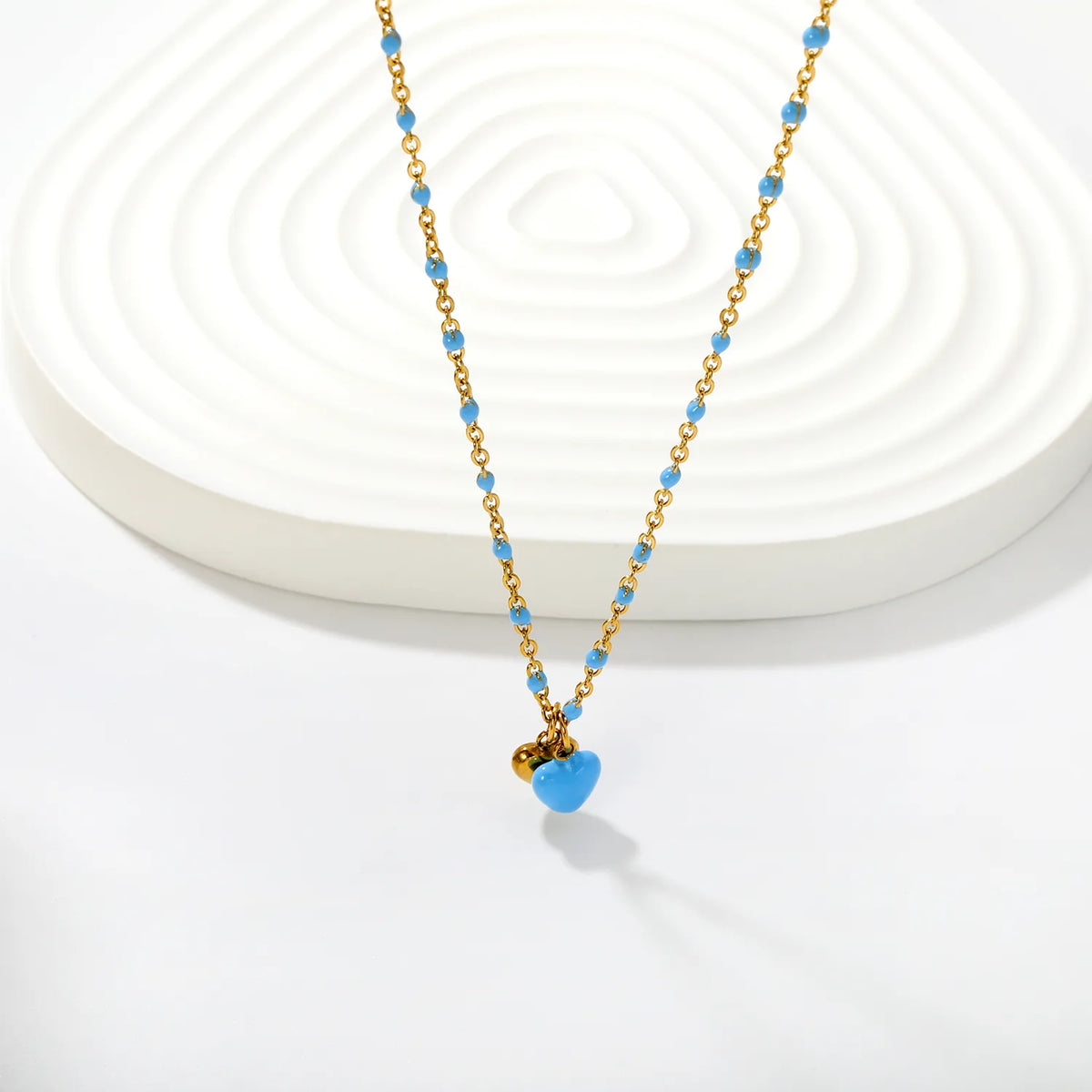 Double Heart Enamel Pendant Necklace | 7x6mm Twin Heart Charms | 40+5cm Beaded Chain | Blue & Pink Option
