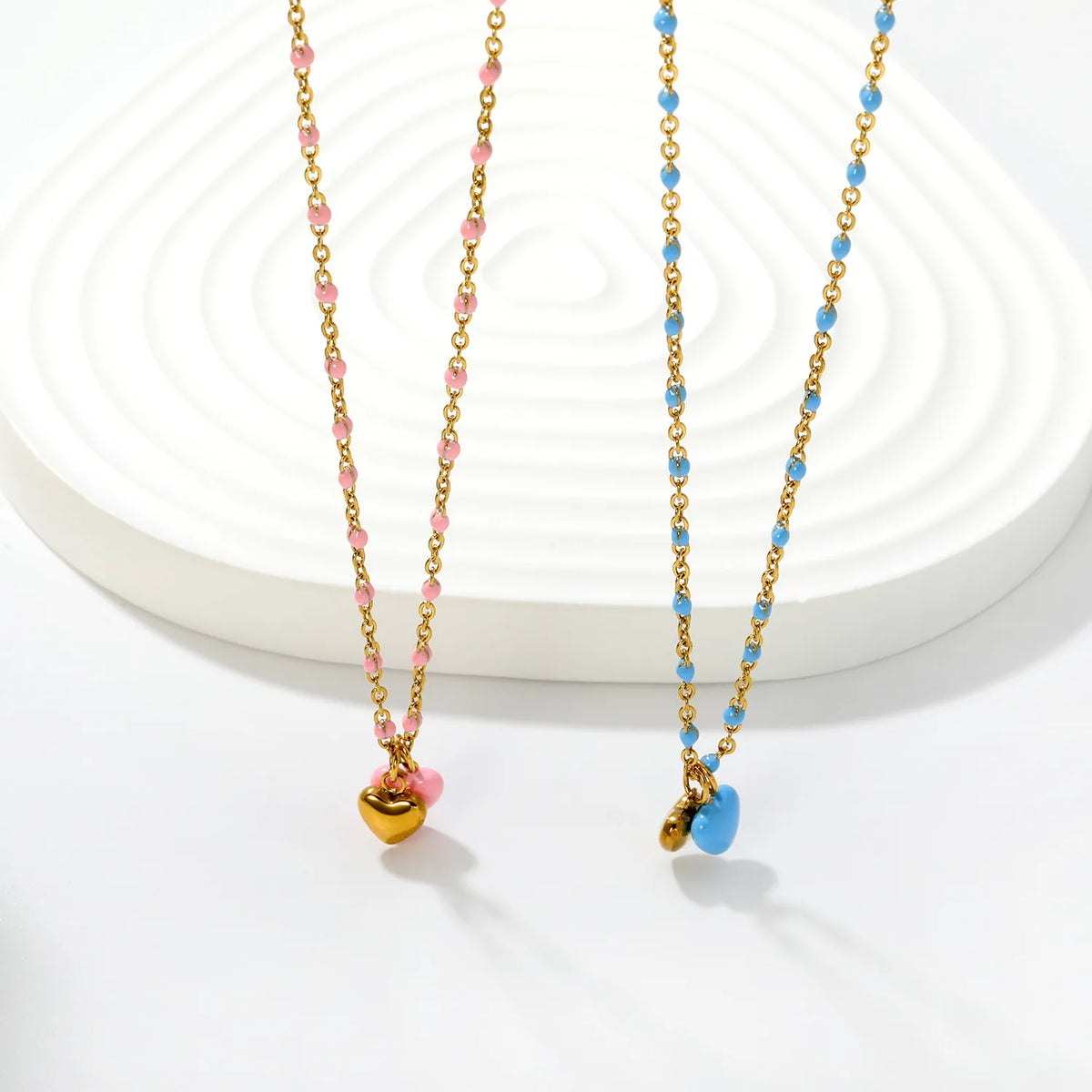 Double Heart Enamel Pendant Necklace | 7x6mm Twin Heart Charms | 40+5cm Beaded Chain | Blue & Pink Option