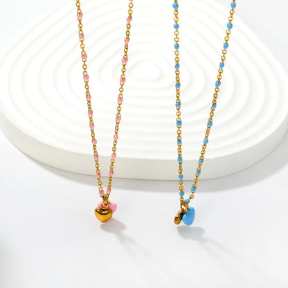 Double Heart Enamel Pendant Necklace | 7x6mm Twin Heart Charms | 40+5cm Beaded Chain | Blue & Pink Option