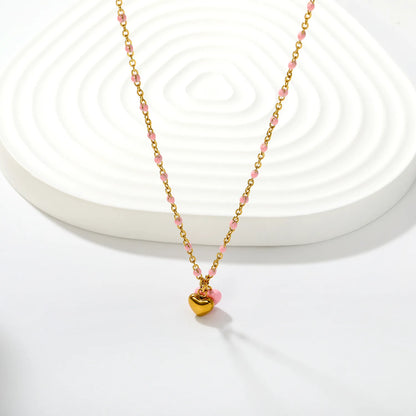 Double Heart Enamel Pendant Necklace | 7x6mm Twin Heart Charms | 40+5cm Beaded Chain | Blue & Pink Option