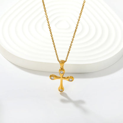 Soft Edge Zircon Cross Pendant Necklace | 20x25mm Four Stone Cross Charm | 40+5cm Adjustable Chain | Gold & Silver Tone