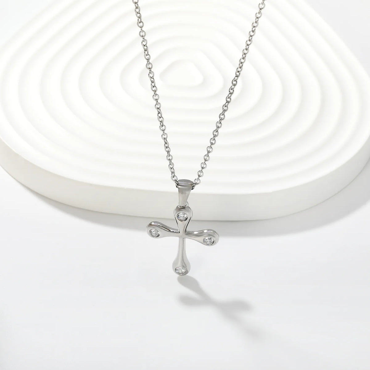 Soft Edge Zircon Cross Pendant Necklace | 20x25mm Four Stone Cross Charm | 40+5cm Adjustable Chain | Gold & Silver Tone