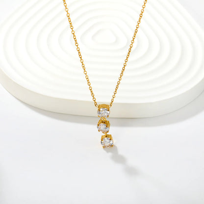 Vertical Three Round Zircon Drop Necklace | 4mm Triple Clear Zircon Pendant | 3cm Drop Length | 40+5cm Adjustable Chain