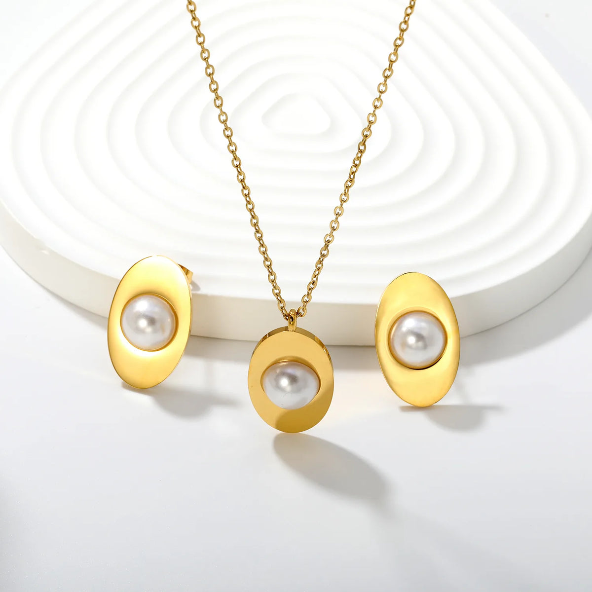 Minimalist Oval Pearl Jewelry Set | 15x24mm 18K Gold Plated Pendant Necklace & Stud Earrings | 40+5cm Chain