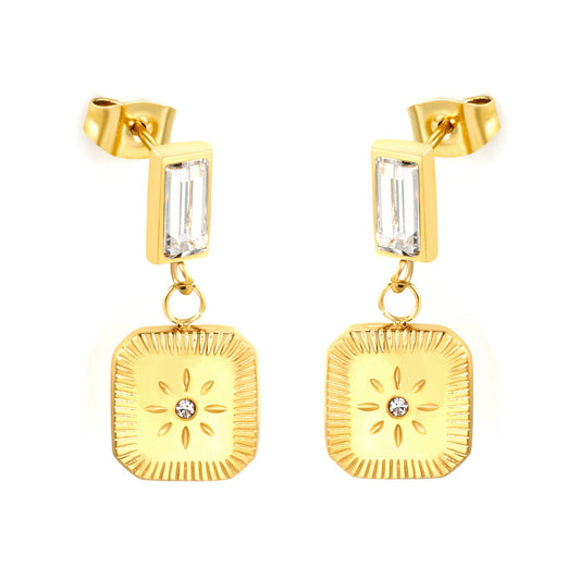 4.3*9mm rectangle with white zirconium + 10.5*11.5mm square with sunflower pattern earrings gold color