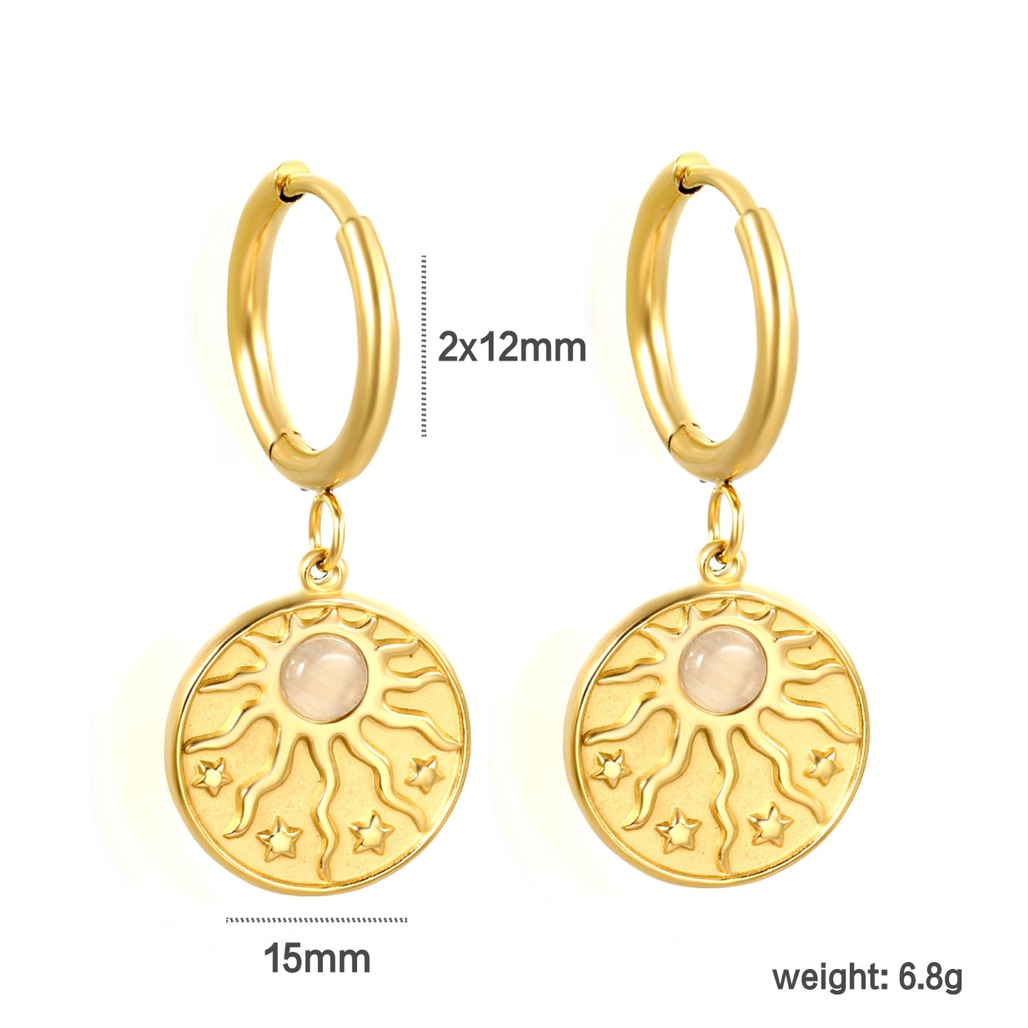 2*12mm I.D. earrings + 15mm round sunburst with white pearl/white cat's eye/turquoise earrings gold color