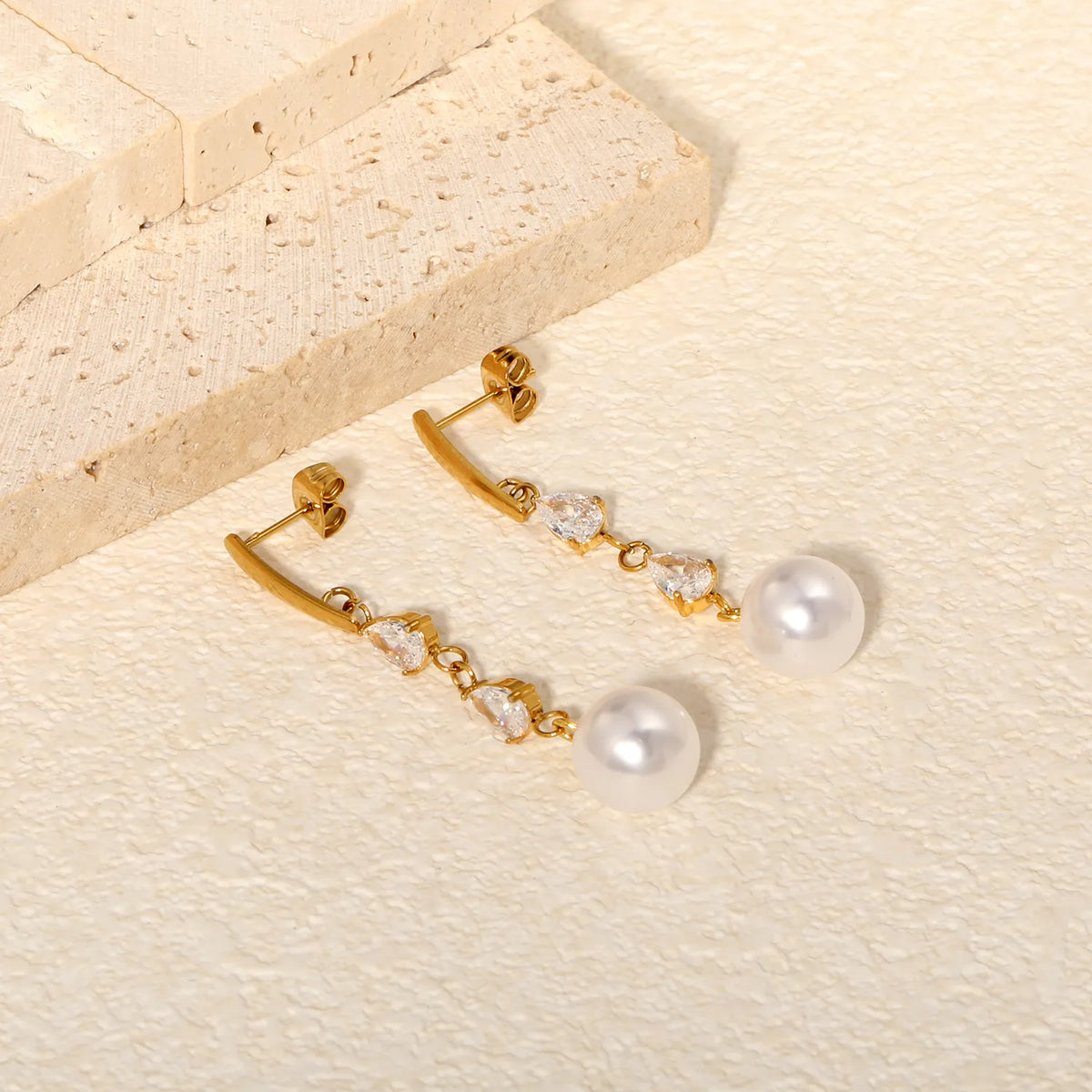 Elegant Teardrop Zircon Pearl Drop Earrings 3x15mm Bar 5x6.8mm CZ 10mm Pearl 18K Gold Plated | Wholesale MOQ 12
