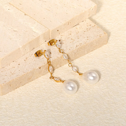 Luxury Linear Marquise Zircon Drop Pearl Earrings Long Chain Wedding Bridal Ear Jewelry