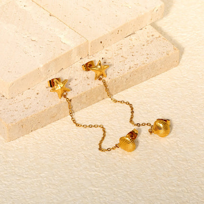 Dainty Starfish Shell Linked Chain Stud Earrings 10mm Starfish 8.8x8.5mm Seashell 6cm Connecting Chain