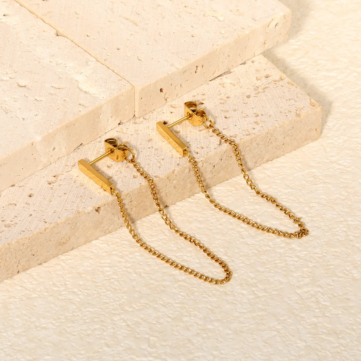 Minimalist Vertical Bar Double Tassel Chain Drop Earrings 2.8x12mm Rectangle Bar 8cm Long Chain 18K Gold Plated Jewelry