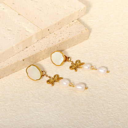 Vintage Sweet Bow Rice Pearl Dangle Earrings Natural Shell Inlay Long Statement Earrings | 18K Gold Plated Jewelry
